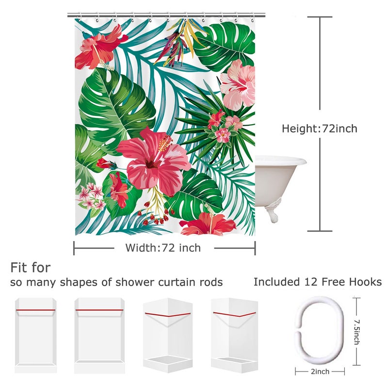 LIVILAN Floral Shower Curtain, Green Shower Curtain, Tropical Shower Curtains for Bathroom, Flower Shower Curtain, Botanical Shower Curtain Set with 12 Hooks, Plant Bathroom Decor, 72X72 inches - Image 4